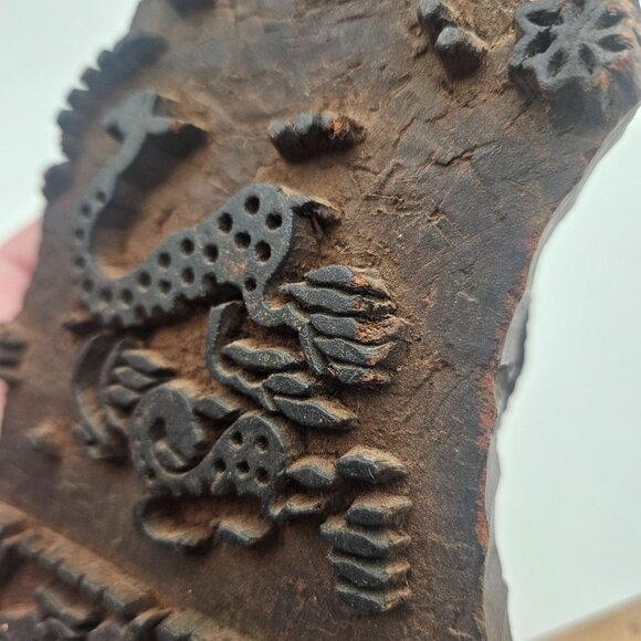 Antique Hand Carved Wood Textile Dragon Mythological Pattern Fabric Stamp Block - Picture 6 of 12